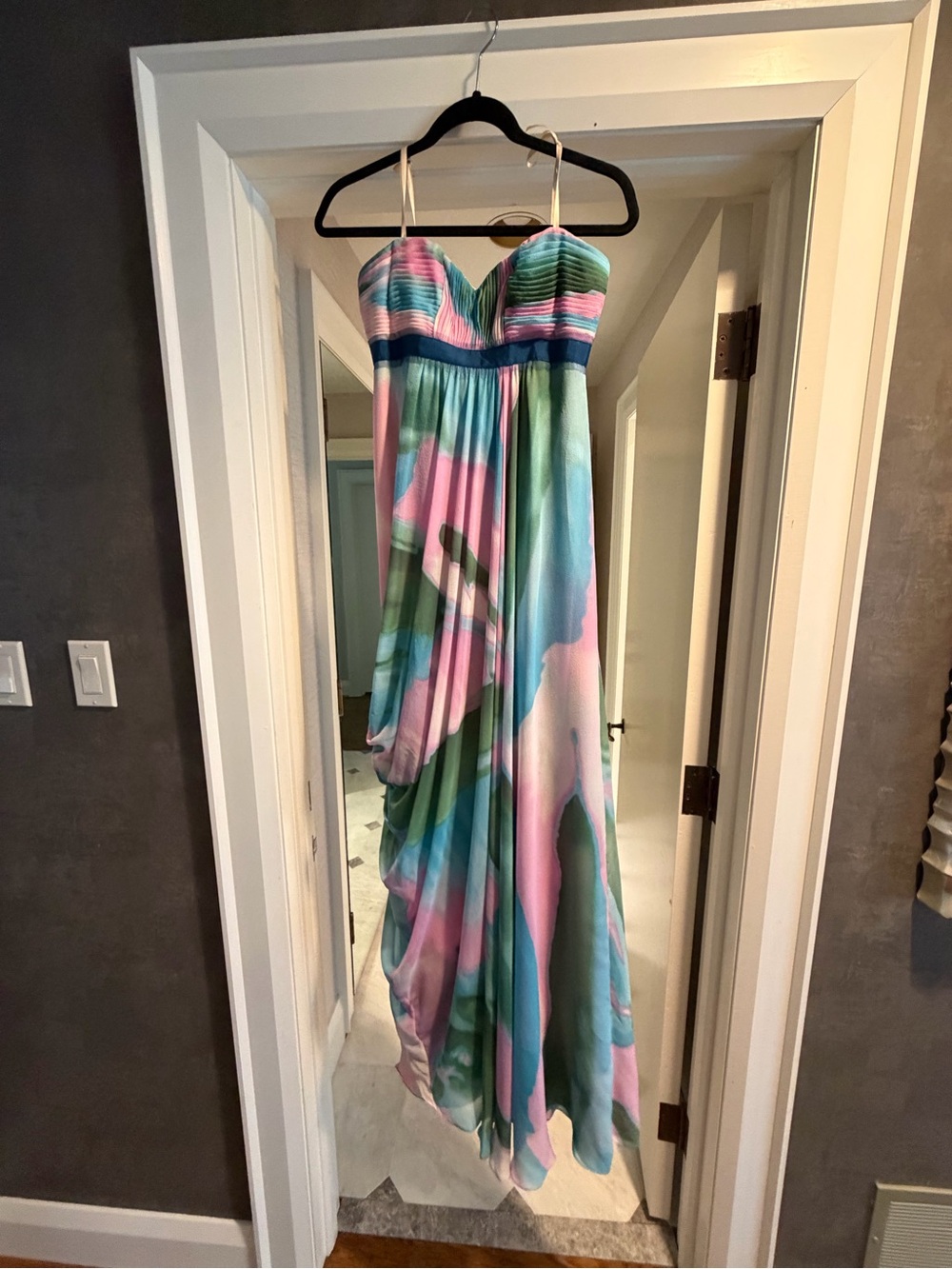 BCBGMaxAzria Pastel Multicolor Strapless Maxi Chemise - Pink, Green & Blue